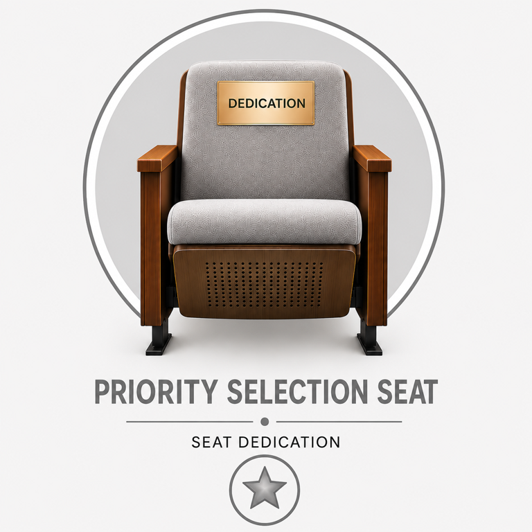 A silver armchair with dedication written on a plaque on it and the words priority selection seat seat dedication just below it