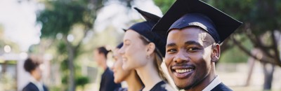 a black male student in graduation attire in foreground with female graduates next to him in the background