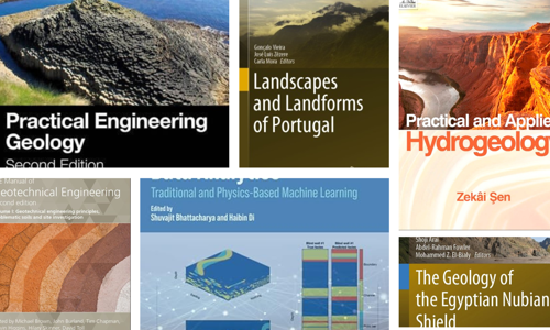 A collage of geoscience book covers on hydrogeology, engineering geology and Portugal