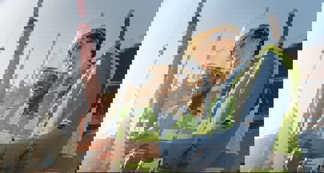 Two people in hardhats on site looking at a laptop