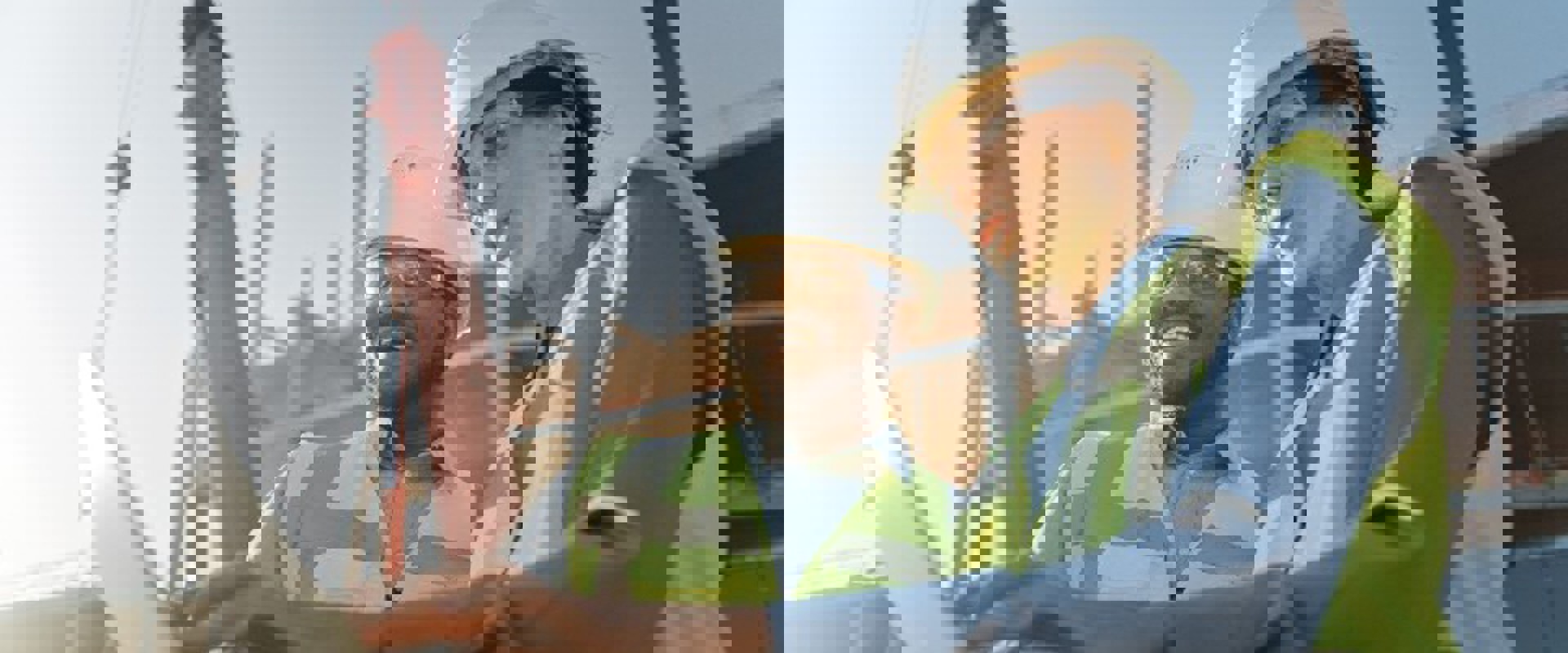 Two people in hardhats on site looking at a laptop