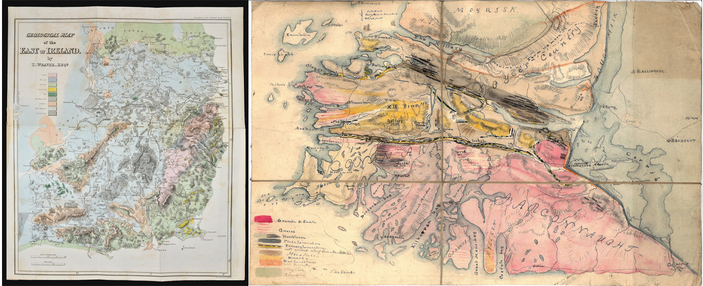 Composite image showing the geological maps by Thomas Weaver and Alexander Nimmo or areas of Ireland