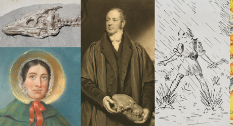 A composite image of Mary Anning, William Buckland, Janet Watson and William Smith, with extract from pleisosaur and 1815 geological map