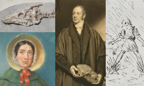 A composite image of Mary Anning, William Buckland, Janet Watson and William Smith, with extract from pleisosaur and 1815 geological map