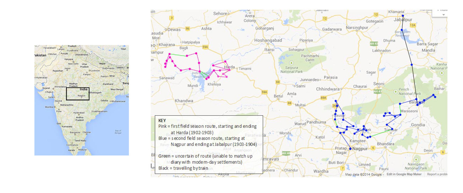 Map showing Fermor’s route during his first two field work seasons, plotted on a modern map of India
