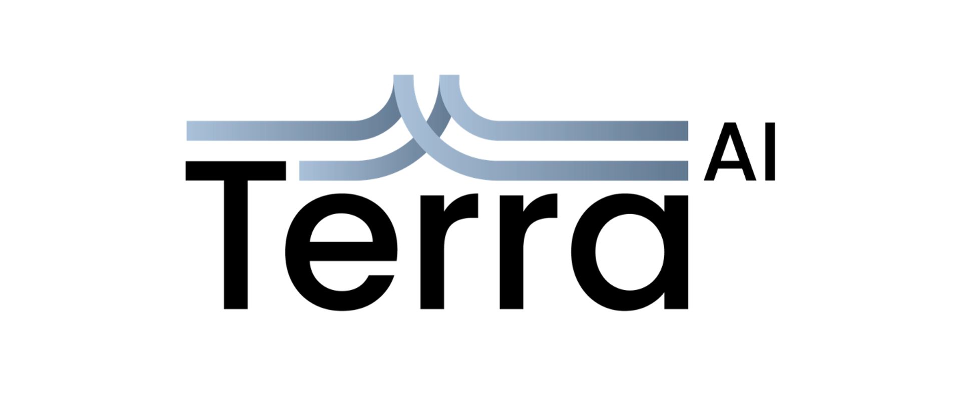 Logo featuring the word “Terra” in bold black lettering, with the letters “AI” in smaller black text to the upper right. Above the text is a stylised graphic of three parallel curved lines in gradient blue tones, merging at the centre and extending outward on both sides.