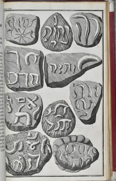Iconoliths with Hebrew text from 'Lithographiae Wirceburgensis' (1726)