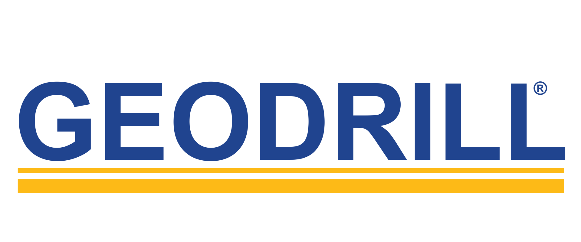 Geodrill logo. Geodrill writing in navy blue with 2 yellow horizontal stripes underlining the wording.