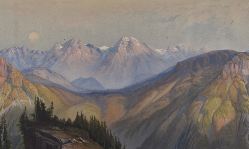 A 19th Century painting of Yellowstone National Park, with snow capped mountains in the distance, greener mountains and trees in the foreground, and the moon rising in the distance