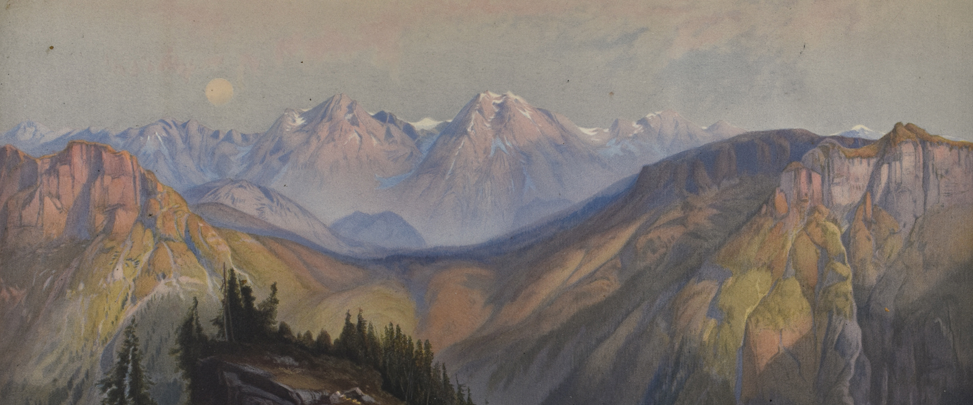 A 19th Century painting of Yellowstone National Park, with snow capped mountains in the distance, greener mountains and trees in the foreground, and the moon rising in the distance