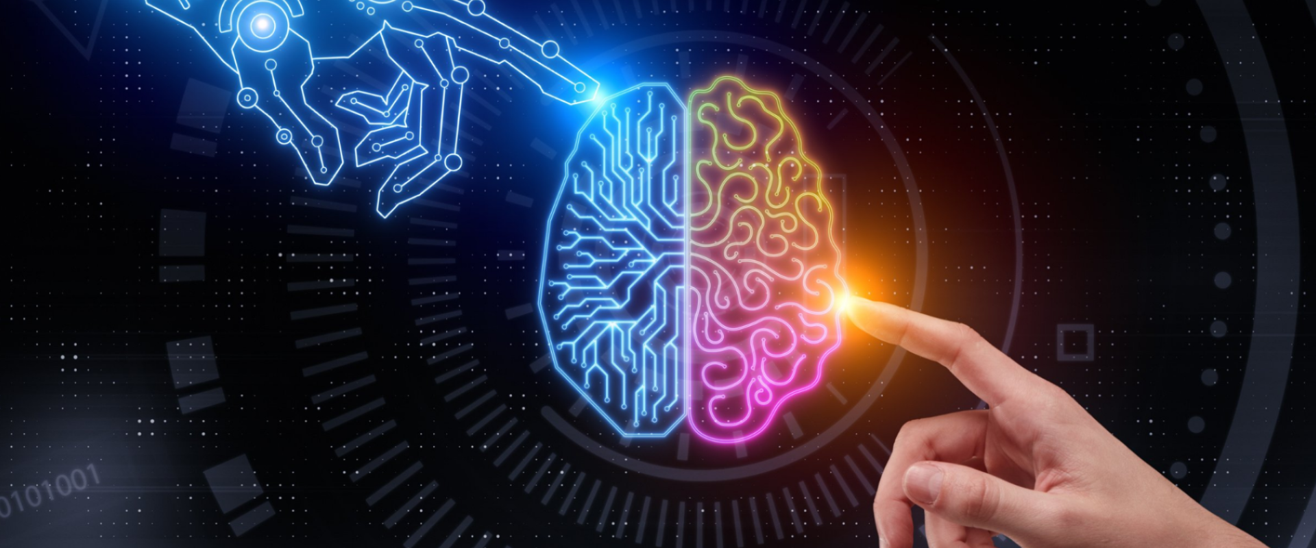 A glowing digital illustration of a brain divided into two halves—one blue and circuit-like, the other pink and organic—floating against a dark, futuristic interface. A robotic hand reaches toward the left side of the brain, while a human hand reaches toward the right, with their fingertips almost touching.