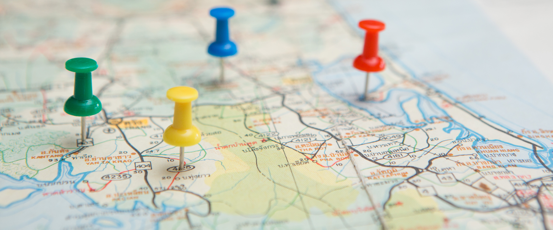 Colourful pins on a map