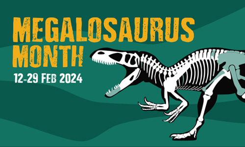 Poster for Megalosaurus Month 2024, with a skeleton of the dinosaur on a green background