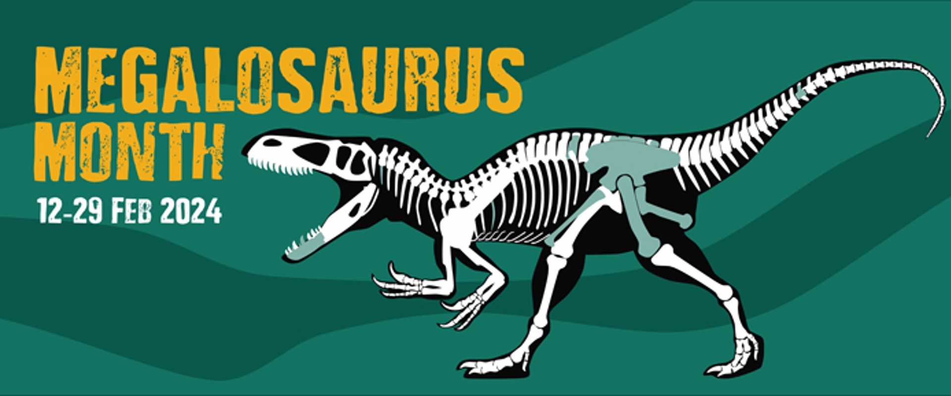 Poster for Megalosaurus Month 2024, with a skeleton of the dinosaur on a green background