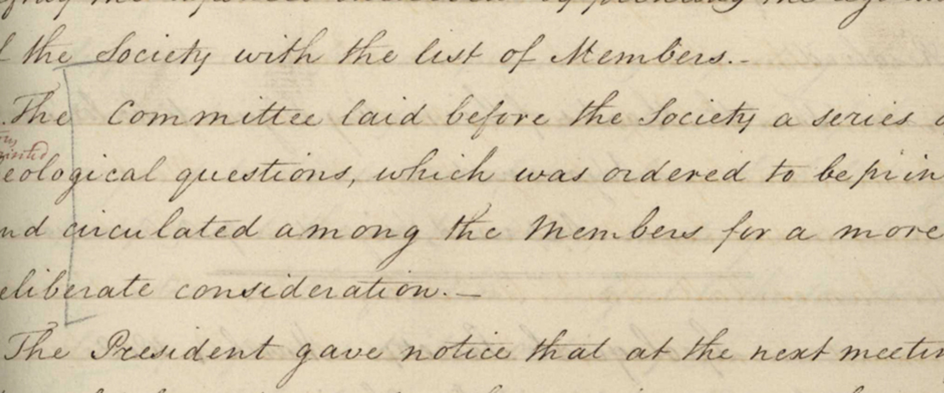 Reference to the printing and circulation of the Society’s first official publication ‘Geological Inquiries’ in the first minute book, 5 February 1808. Ref: GSL/OM/1/1.