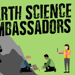 a graphic of a mountain against a green background with geologists at work and the words Earth Science Ambassadors