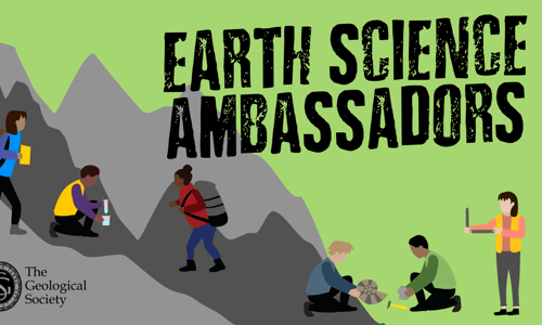 a graphic of a mountain against a green background with geologists at work and the words Earth Science Ambassadors