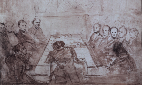 An ink drawing from 1830 showing a scientific meeting at the Society