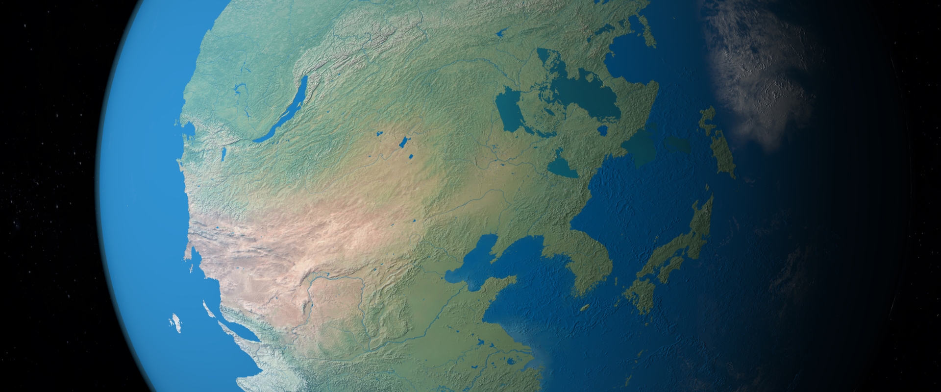A rendered view of Earth from space showing a large landmass with varied terrain, including green lowlands, sandy‑coloured deserts, and scattered bodies of water. The planet is partly in shadow along the right edge, with the curvature of the Earth visible against the blackness of space. 