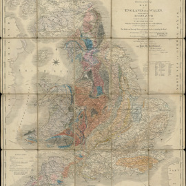 Geological colouring by George Bellas Greenough, [1813-?1815], on base 'Cary's Reduction of his large map of England and Wales with part of Scotland...', published by John Cary, 1813. Greenough collection, ref: LDGSL/947/6/B/2.