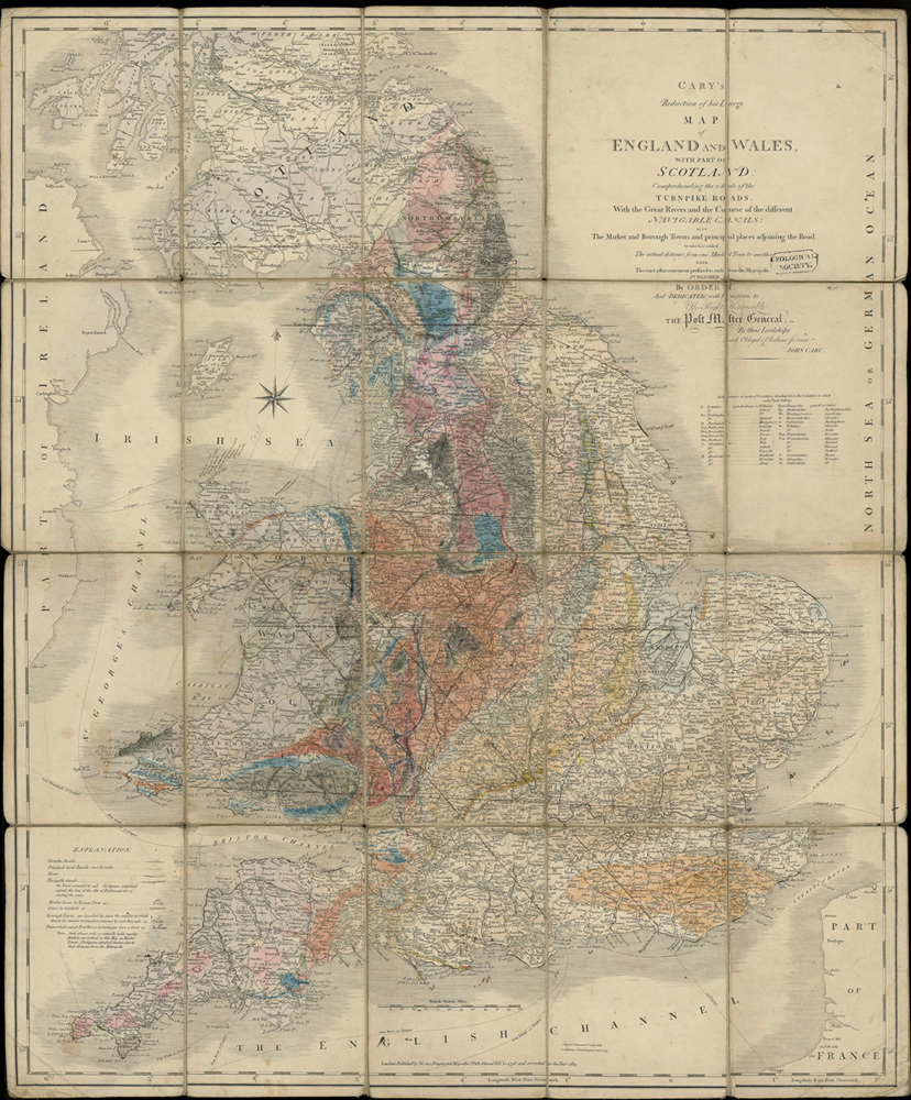 Geological colouring by George Bellas Greenough, [1813-?1815], on base 'Cary's Reduction of his large map of England and Wales with part of Scotland...', published by John Cary, 1813. Greenough collection, ref: LDGSL/947/6/B/2.