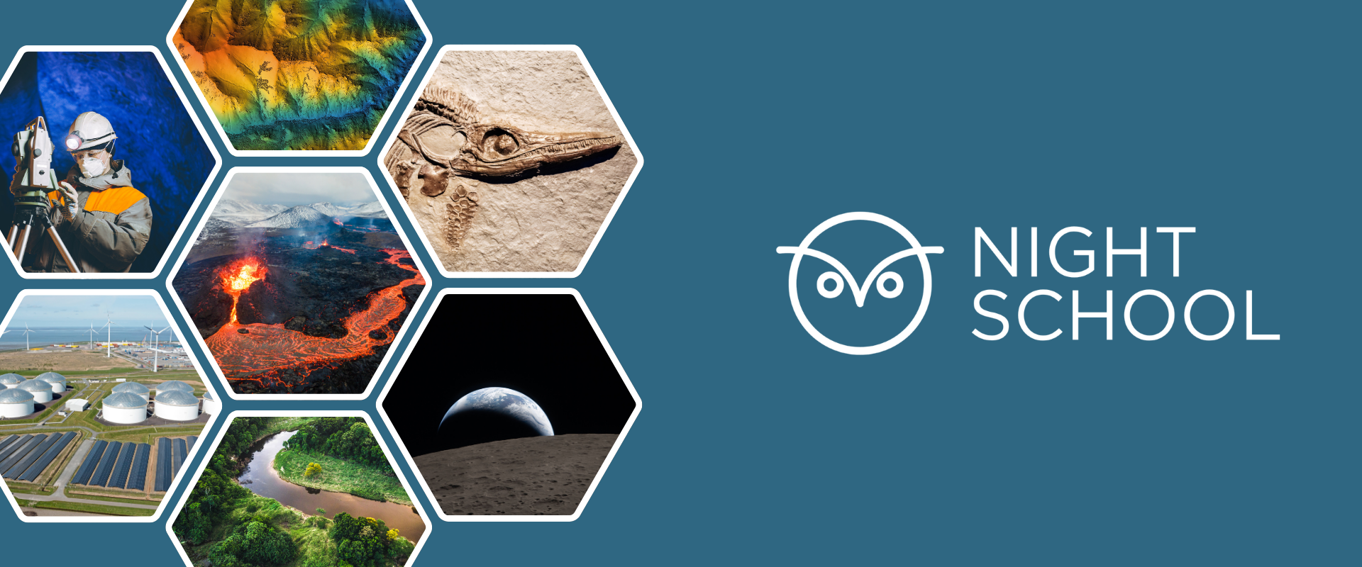 various hexagons with images such as volcanoes, planets, fossils in them with Night School and an owl graphic on a blue background