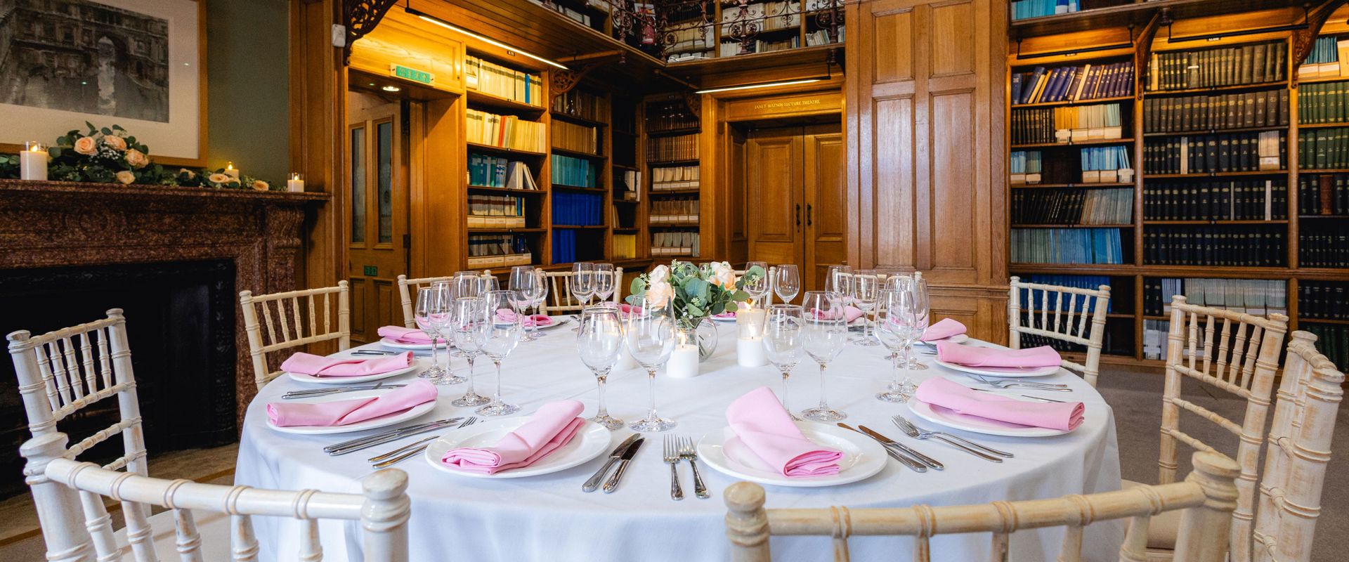 Roundtables setup for weddings in the Lower Library at The Geological Society