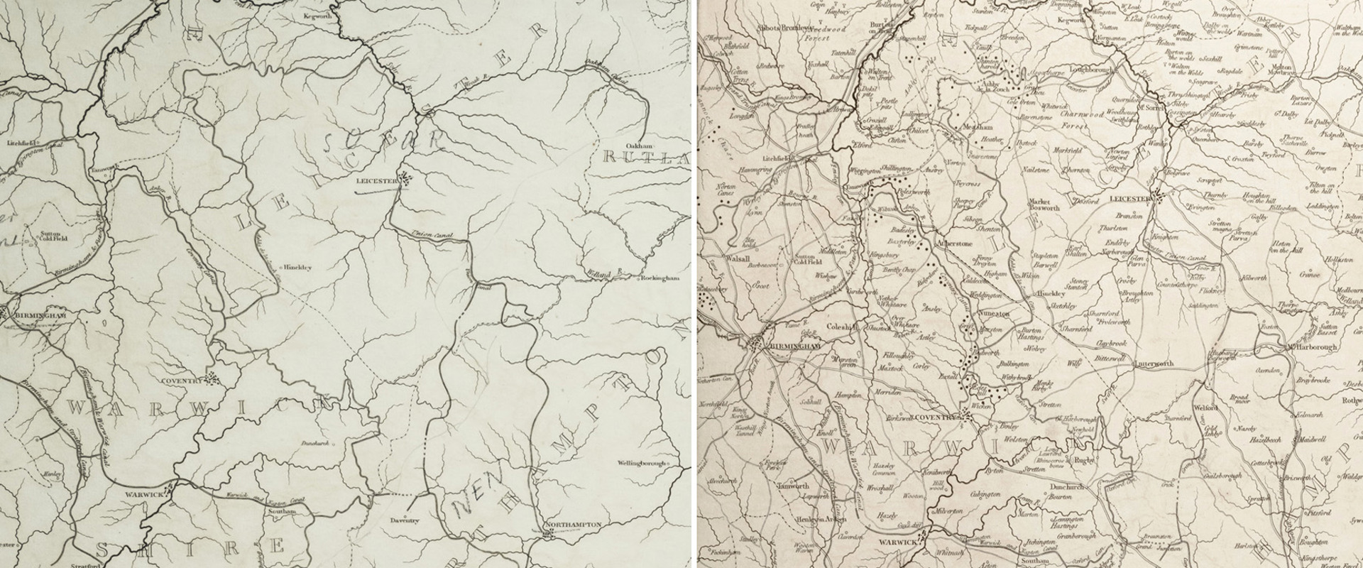 The Midlands area from two early draft of Greenough's outline maps