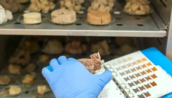 person with blue lab gloves handling rock samples