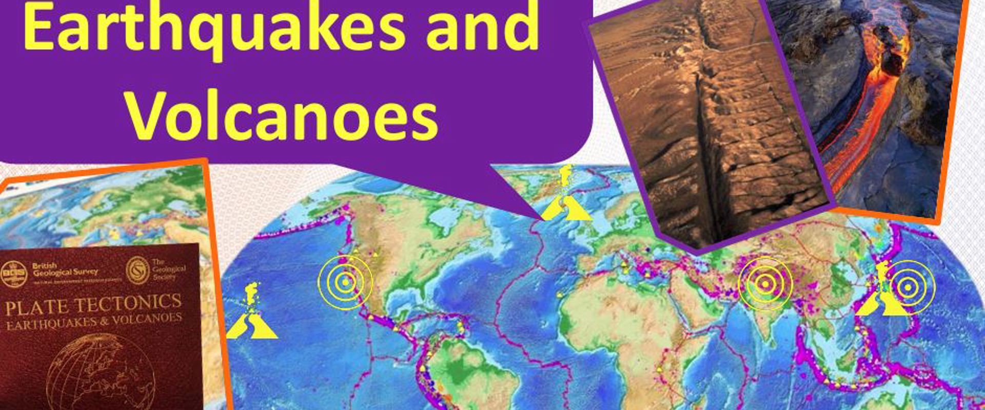 plate tectonics earthquakes and volcanoes with image of map of works with plate boundaries drawn on it