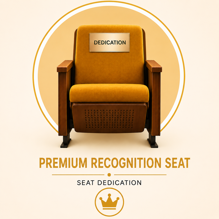 A gold armchair with dedication written on a plaque on it and the words premium recognition seat seat dedication just below it