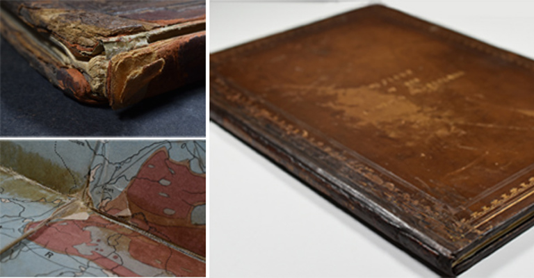 A collage of three images of antiquarian books with brown leather bindings, in a state of disrepair