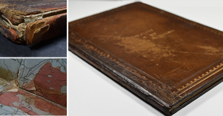 A collage of three images of antiquarian books with brown leather bindings, in a state of disrepair