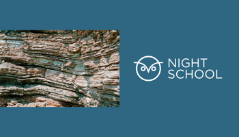Layered rock formation on the left; on the right, a white owl logo and the text “Night School” on a solid blue background.