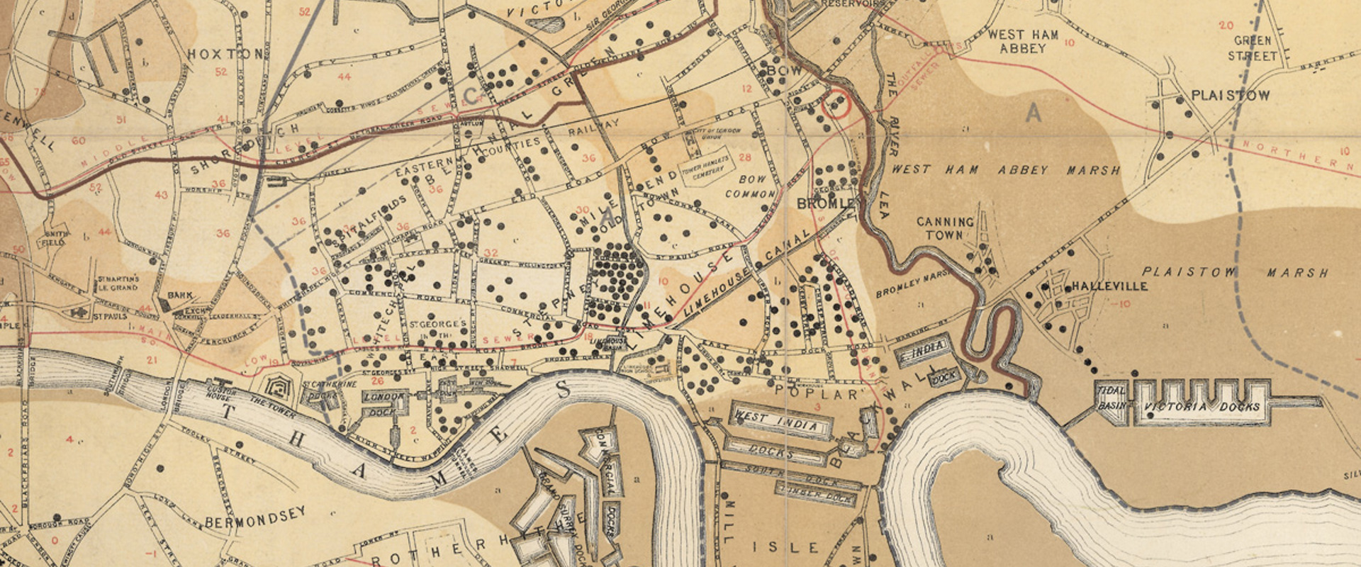 Detail from '[Geological] Map showing the distribution of Cholera in London and its Environs from June 27th to July 21st 1866', 