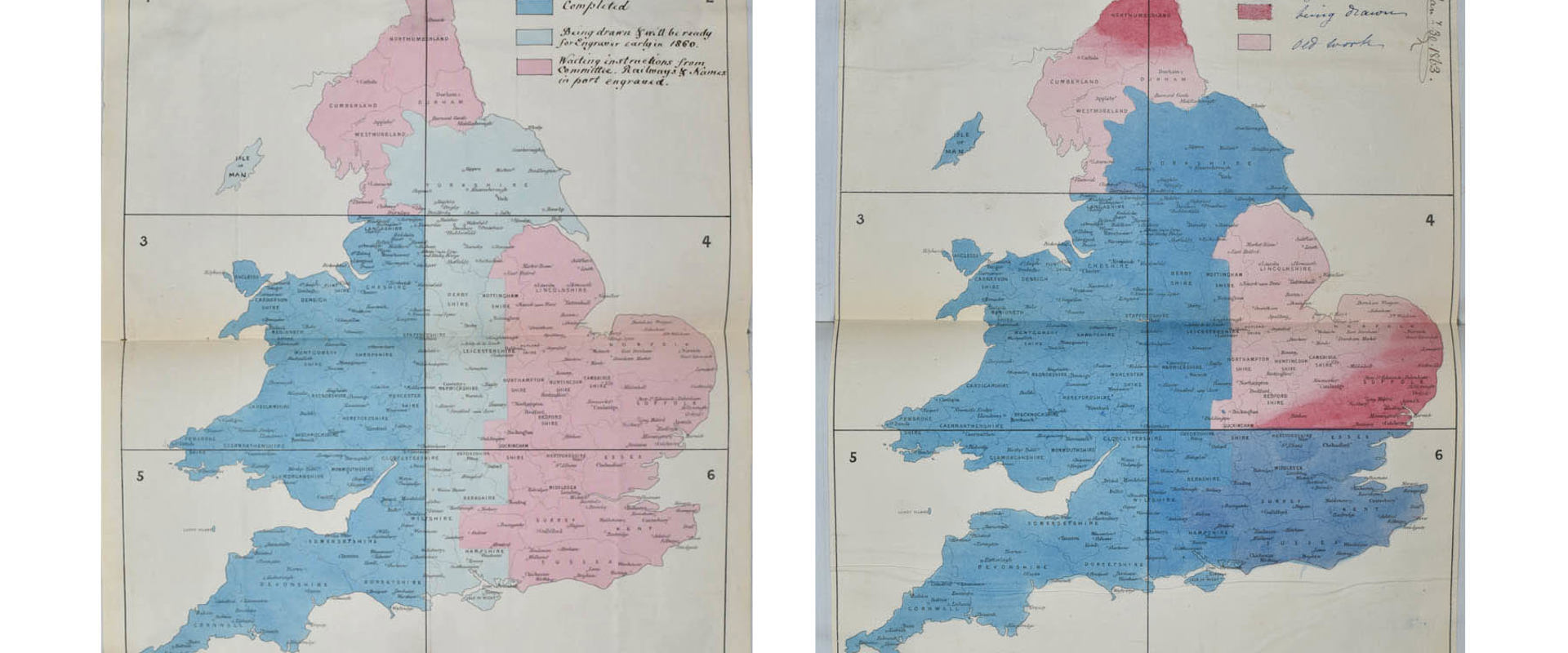 Index maps showing the work in progress over the six sheets of the third edition map