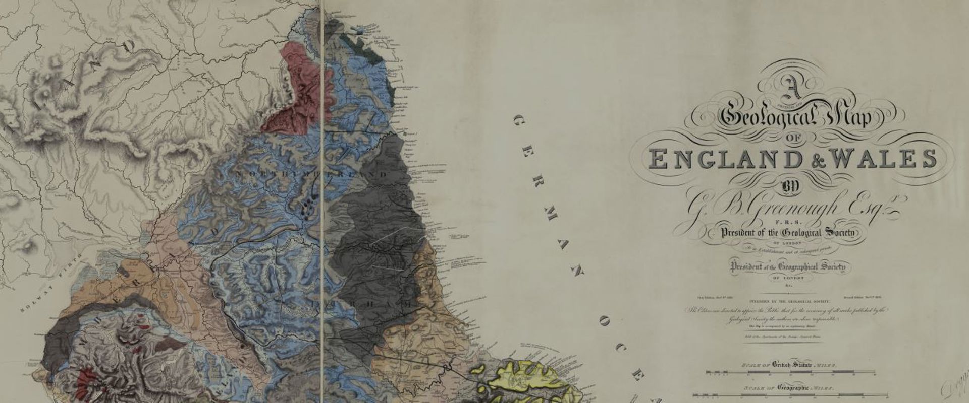 An extract from George Greenough's Geological Map of England and Wales, showing the map title and Greenough's name on the right hand side and part of northern England geologically coloured