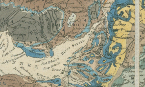 19th Century geological map of the Bristol Channel, showing of south Wales, north Devon, Somerset and Bristol in geological colouring of browns, yellows and blues