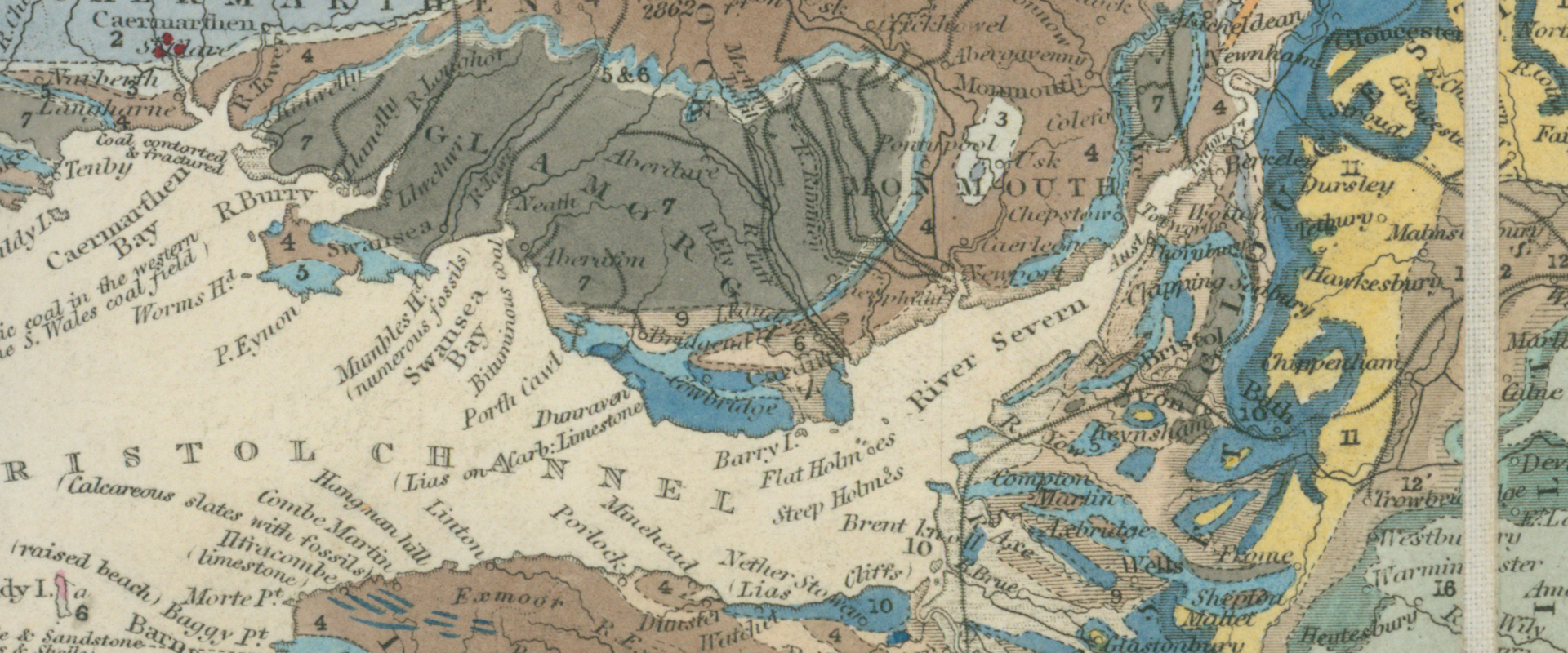 19th Century geological map of the Bristol Channel, showing of south Wales, north Devon, Somerset and Bristol in geological colouring of browns, yellows and blues