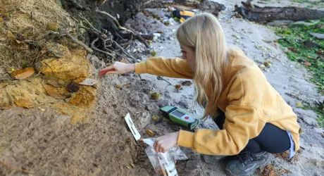 woman in a yellow jumper taking samples from a rock face