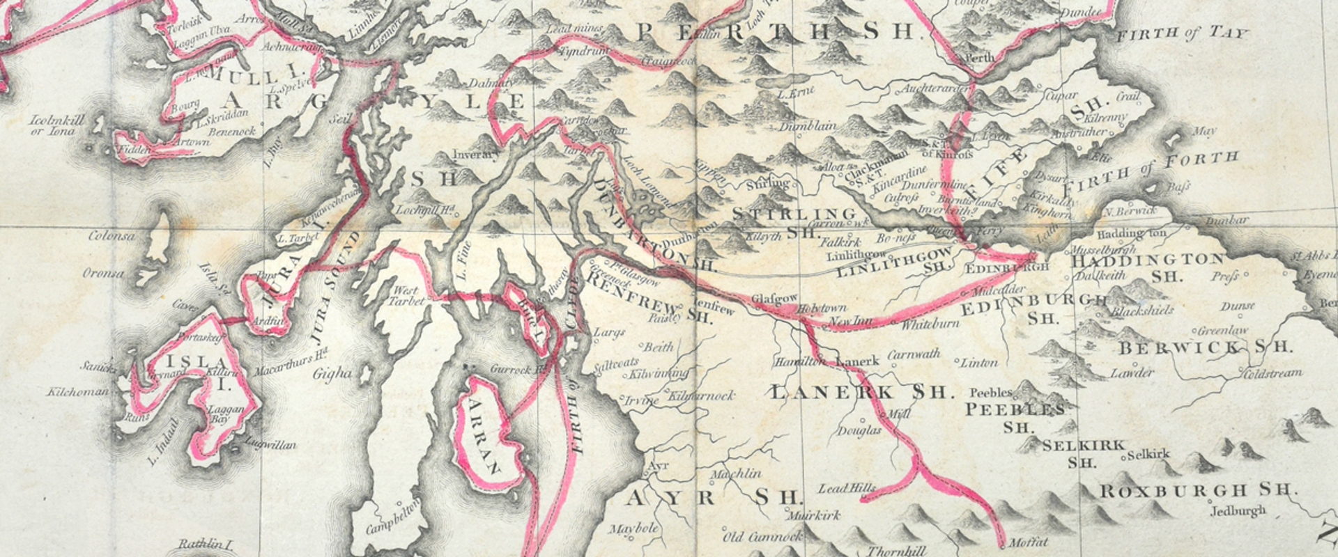 Extract of a map showing the route taken by the Wernerian Robert Jameson to view the major geological and mineralogical sites of Scotland for his book ‘Mineralogy of the Scottish Isles’ (1800)