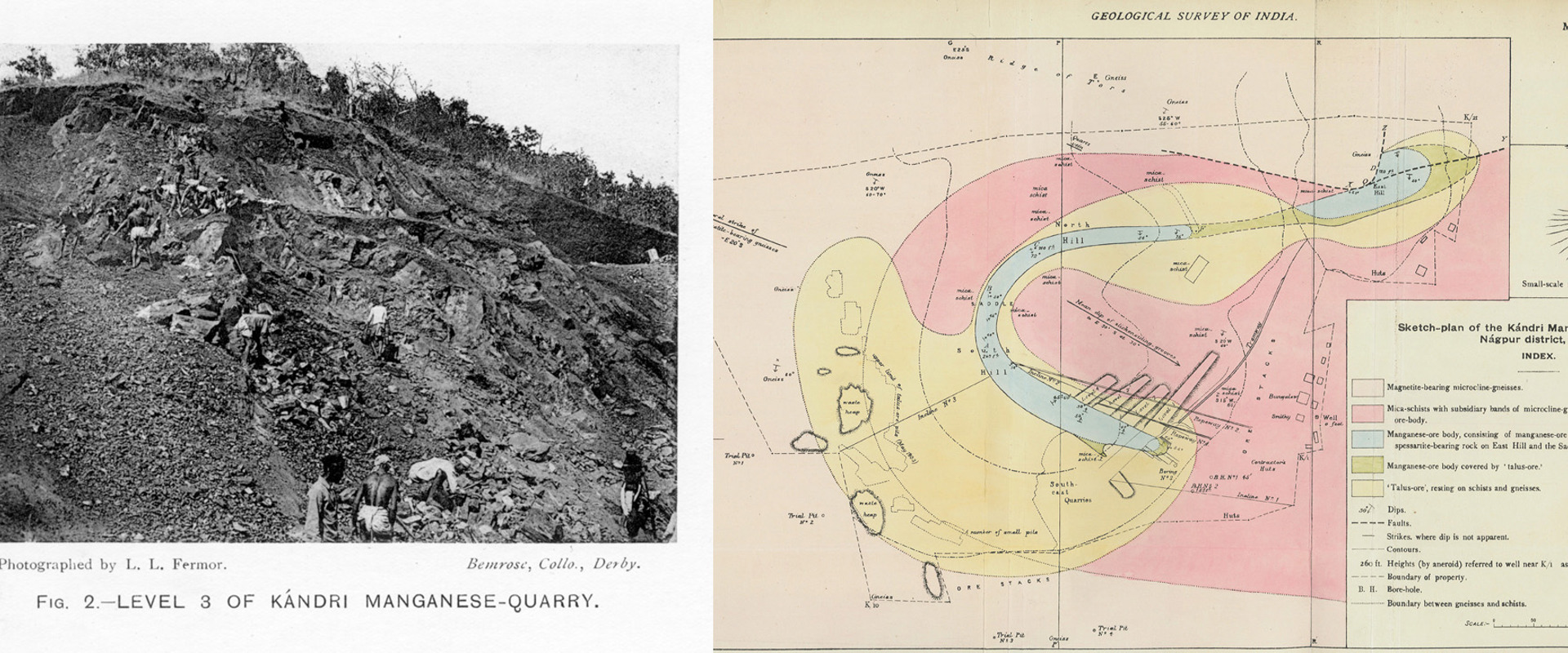 Composite image of Kandri Quarry and Sketch-plan showing the extent of the manganese ore deposit around Kandri