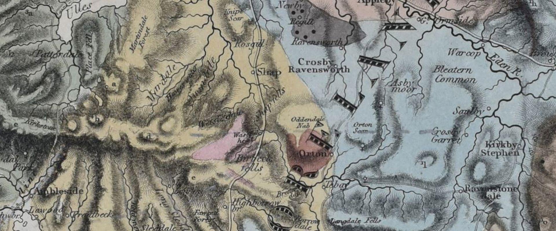Extract showing the Lake District from the first edition of Greenough's Geological Map of England and Wales