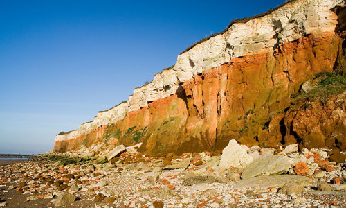 The red and white chalk cliffs of Hunstanton, Norfolk on a sunny day