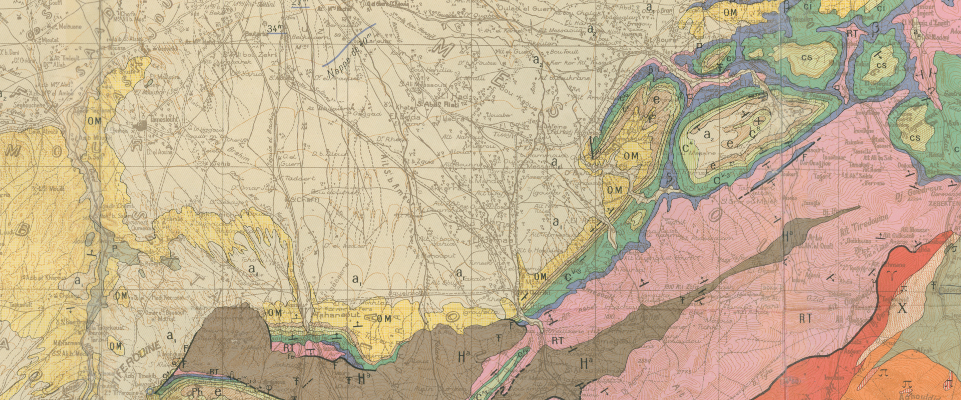 Extract from a geological map of Morocco, centred on Tahanaout, showing geological colouring in yellows, pinks, reds and browns.