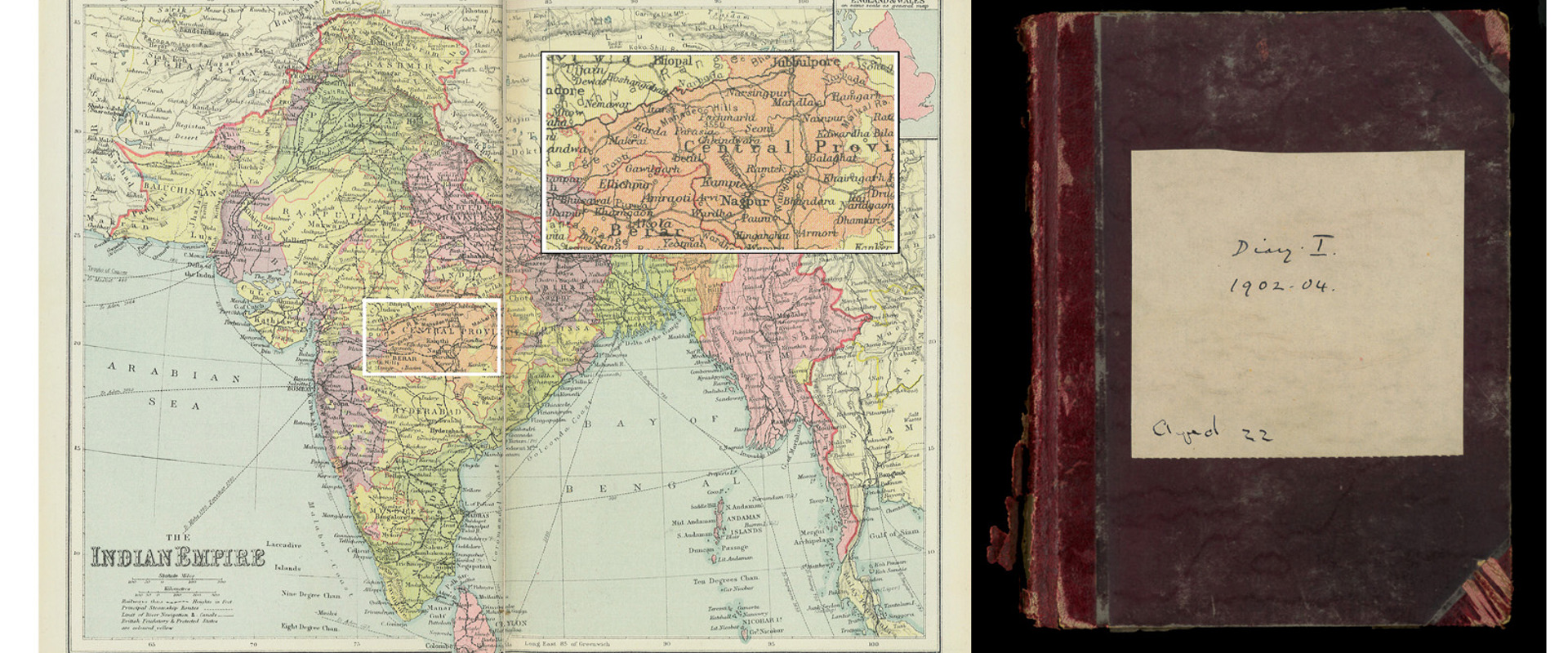Composite image of a map of India and Fermor's diary