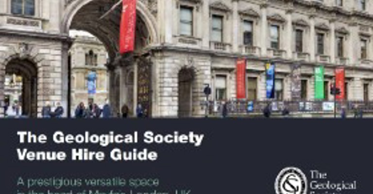 The Geological Society building facade with colorful banners, text reads: "The Geological Society Venue Hire Guide, Mayfair, London, UK.