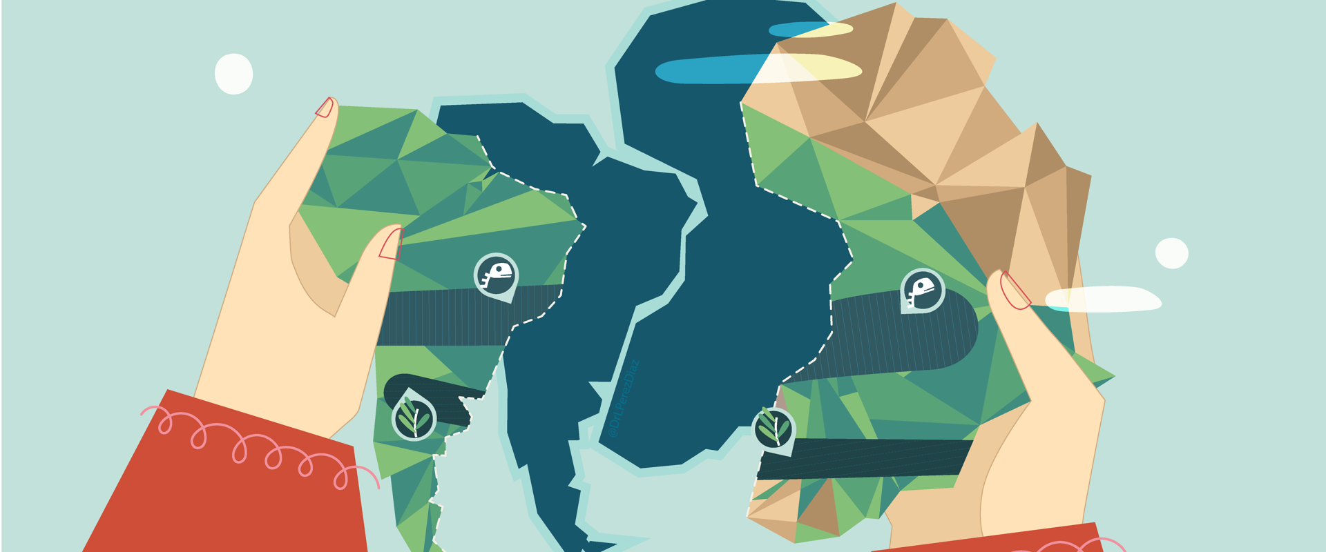 “Two hands holding stylized maps of land, showcasing eco-friendly elements, representing environmental awareness and sustainability.”