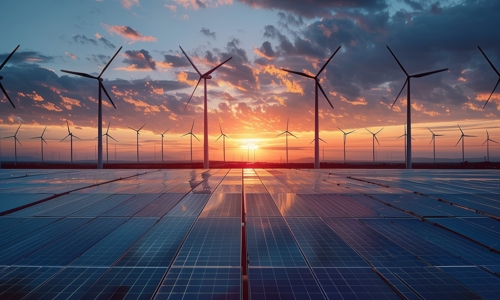 Wind and solar farm at sunset