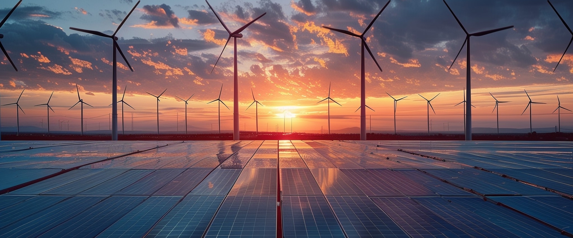 Wind and solar farm at sunset